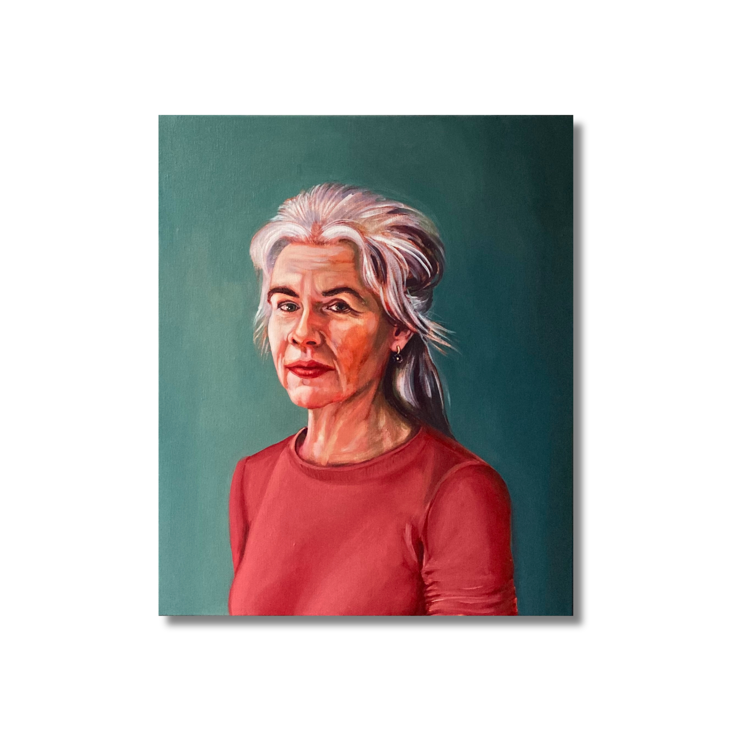 Portrait of Australian artist Prudence Flint plain background 2