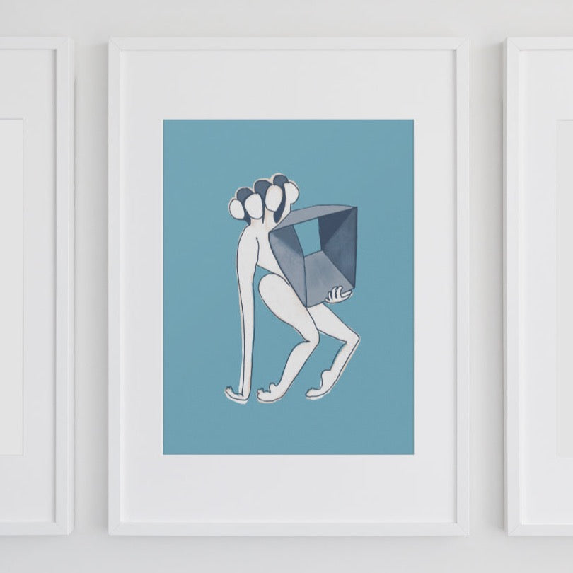 Figurative painting of a woman, holding a box in matisse blue by Michelle Macnamara surreal
