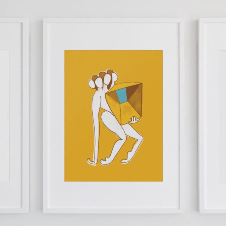Figurative painting of a woman, holding a box in matisse yellow by Michelle Macnamara