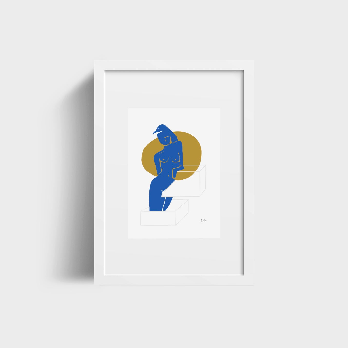 Blue Matisse style nude with a bird. Golden orb in background and white boxes