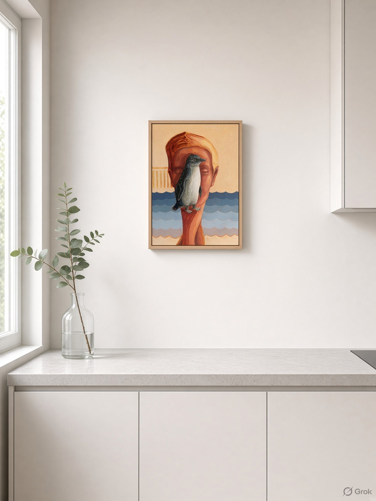 Fairy Penguin oil painting on a wall in front a portrait at the beach