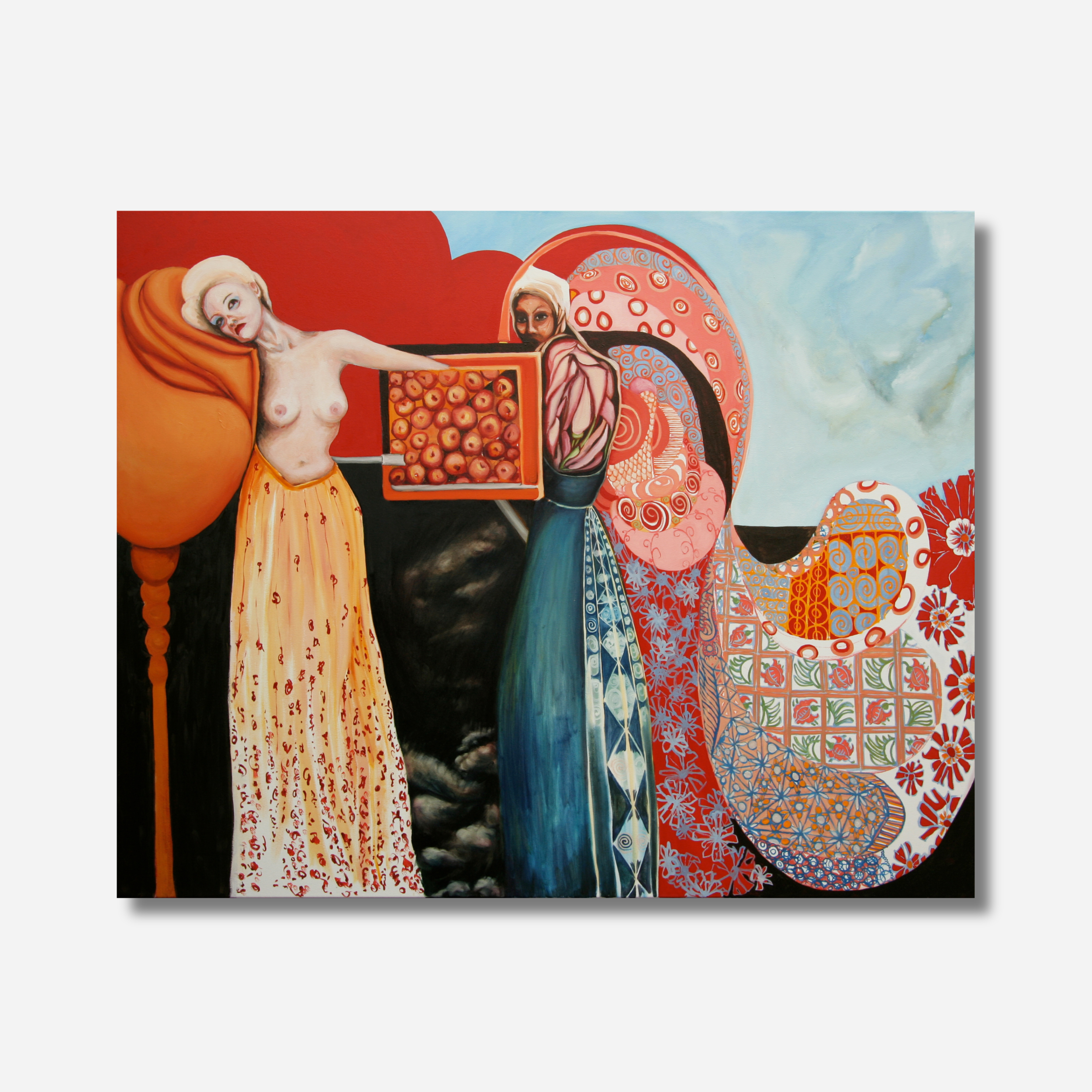 A Figurative oil Painting of to females figures in dresses with flower by Michelle Macnamara - sky in background, red and brown warm palette and intricate patterns