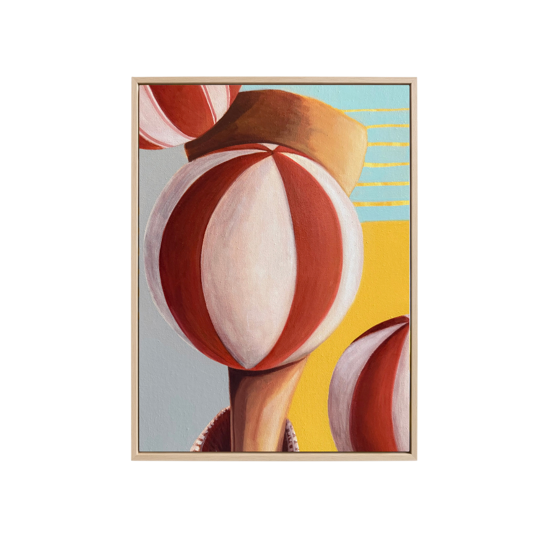 A vertical art print or poster featuring an abstract composition of red-and-white striped spherical forms, tan shapes, a light blue area, and a yellow section, shown against a plain white background.