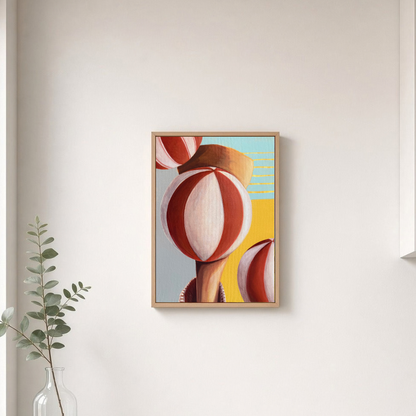 A framed abstract art print featuring red, cream, yellow, and blue geometric shapes, hanging on a light beige wall in a modern kitchen setting next to a window and a vase with greenery.