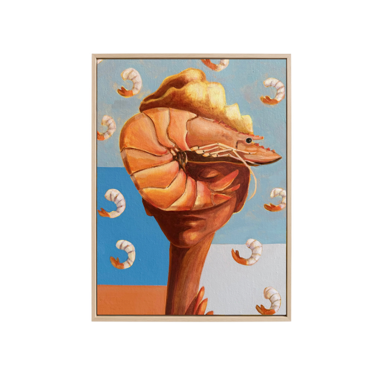 A surreal art print featuring a large orange and brown prawn against a split blue and white background, small white shrimp figures floating around. The print is shown centered on a clean white background.