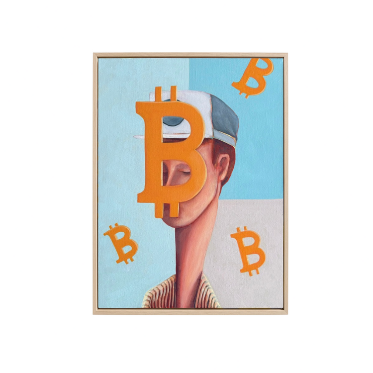 A framed art print featuring a stylized portrait of a person wearing a light blue cap, with a large orange Bitcoin symbol over the face and smaller matching Bitcoin symbols around them, set against a light blue and off-white background.