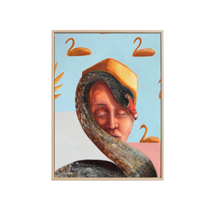 A surreal art print or poster featuring a woman's face wrapped in a black swans and geometric shapes against a light blue background, shown centered on a white backdrop.