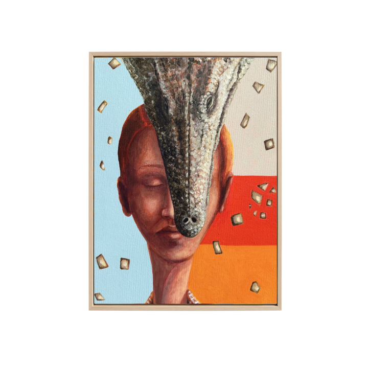 A framed surreal art print featuring a human head with a crocodile snout merging into it, set against a split light blue and orange background with small floating geometric shapes.