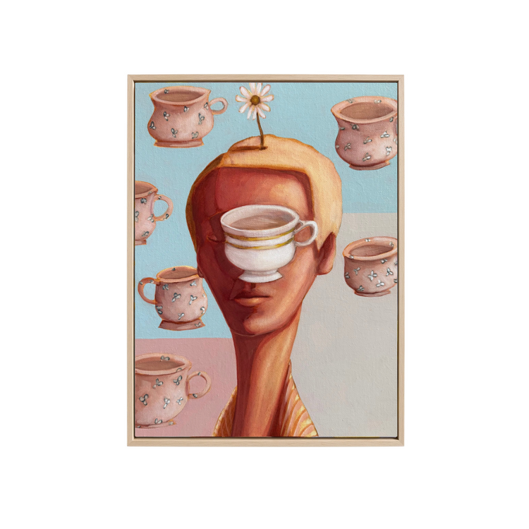 A surreal art print featuring a stylized figure with a peach-toned head and neck, surrounded by floating pink floral teacups against a pastel blue and pink background.