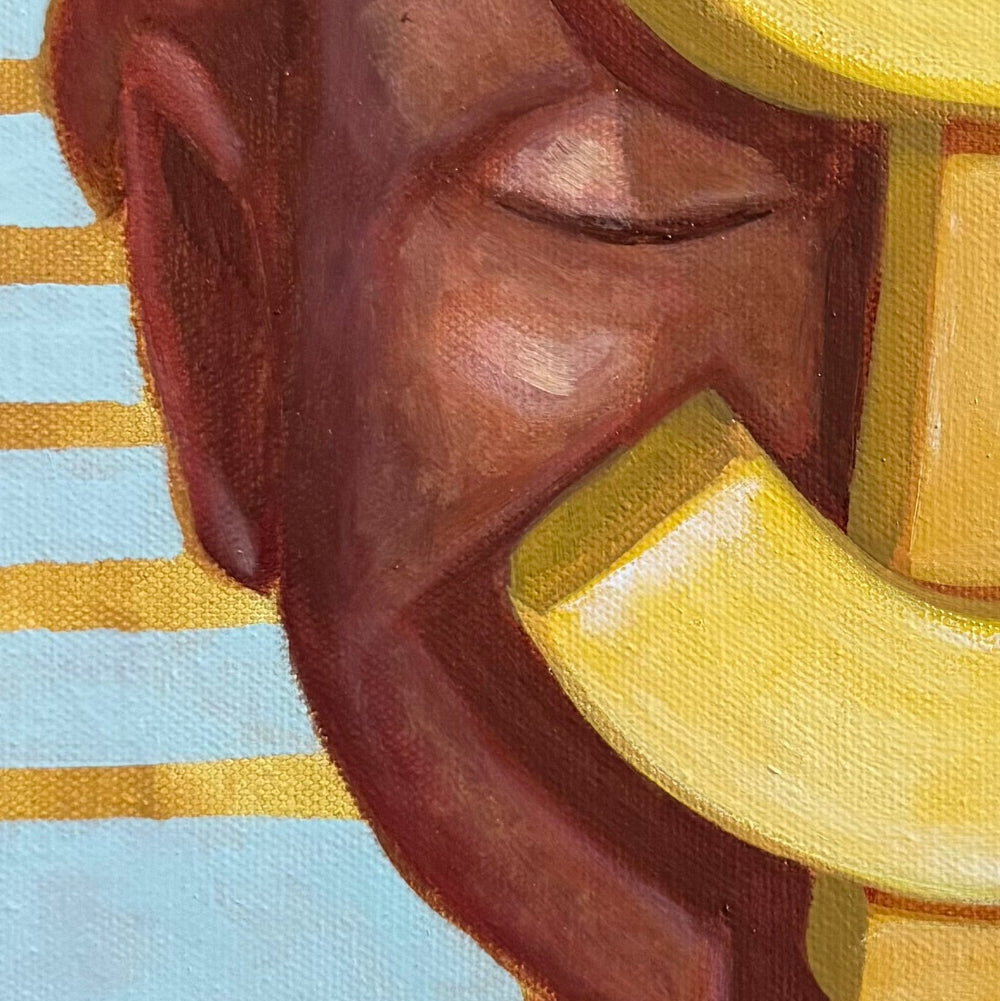 Close-up of a painted portrait showing part of a person's face in warm brown and reddish-brown tones with bold yellow shapes and a light blue striped background.