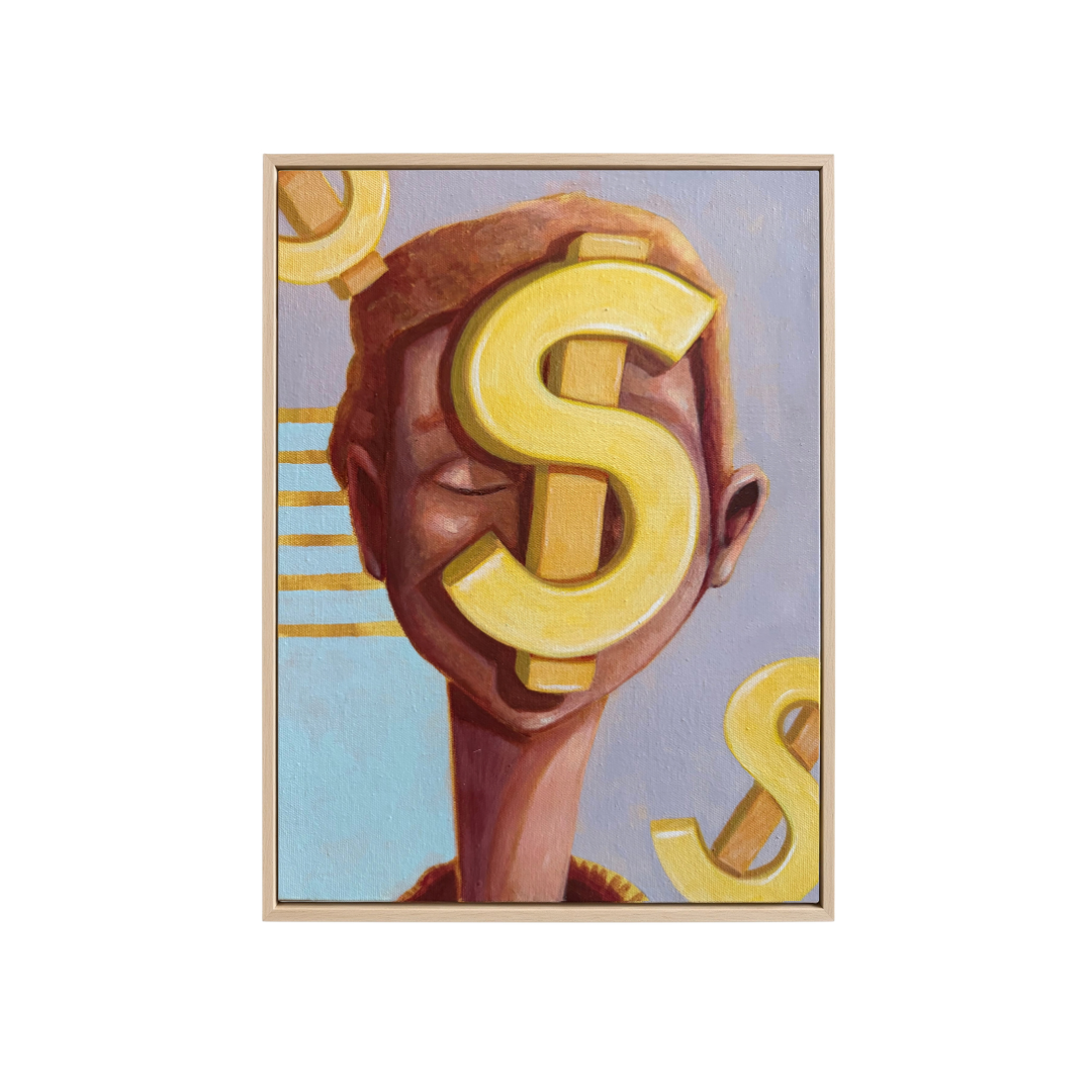 A vertical art print or poster featuring a stylized portrait of a figure with a large golden dollar sign over the face, set against a light blue and lavender background with additional dollar signs.