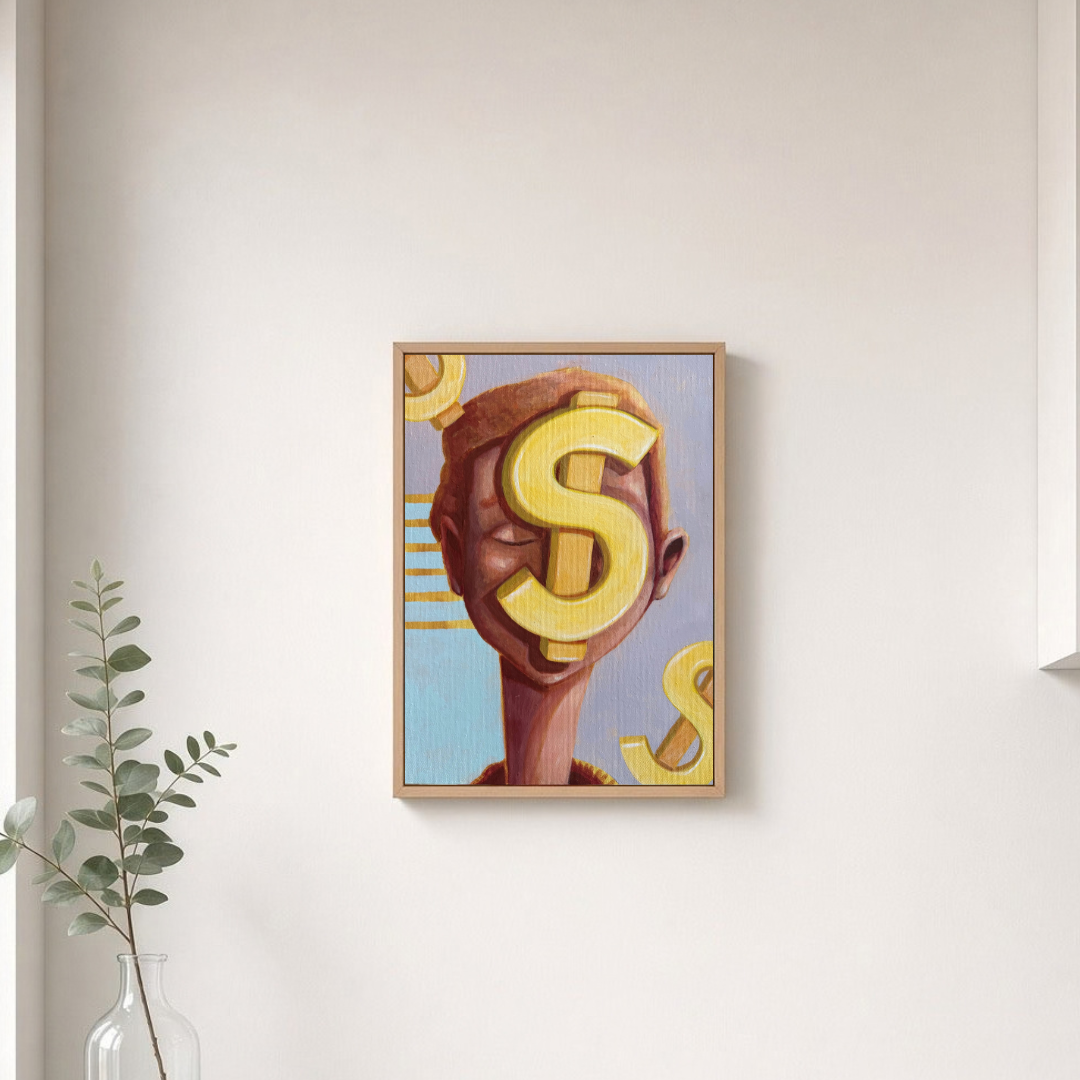A framed art print featuring a stylized portrait of a person with a large yellow dollar sign for a face, hanging on a light beige wall in a modern interior setting.
