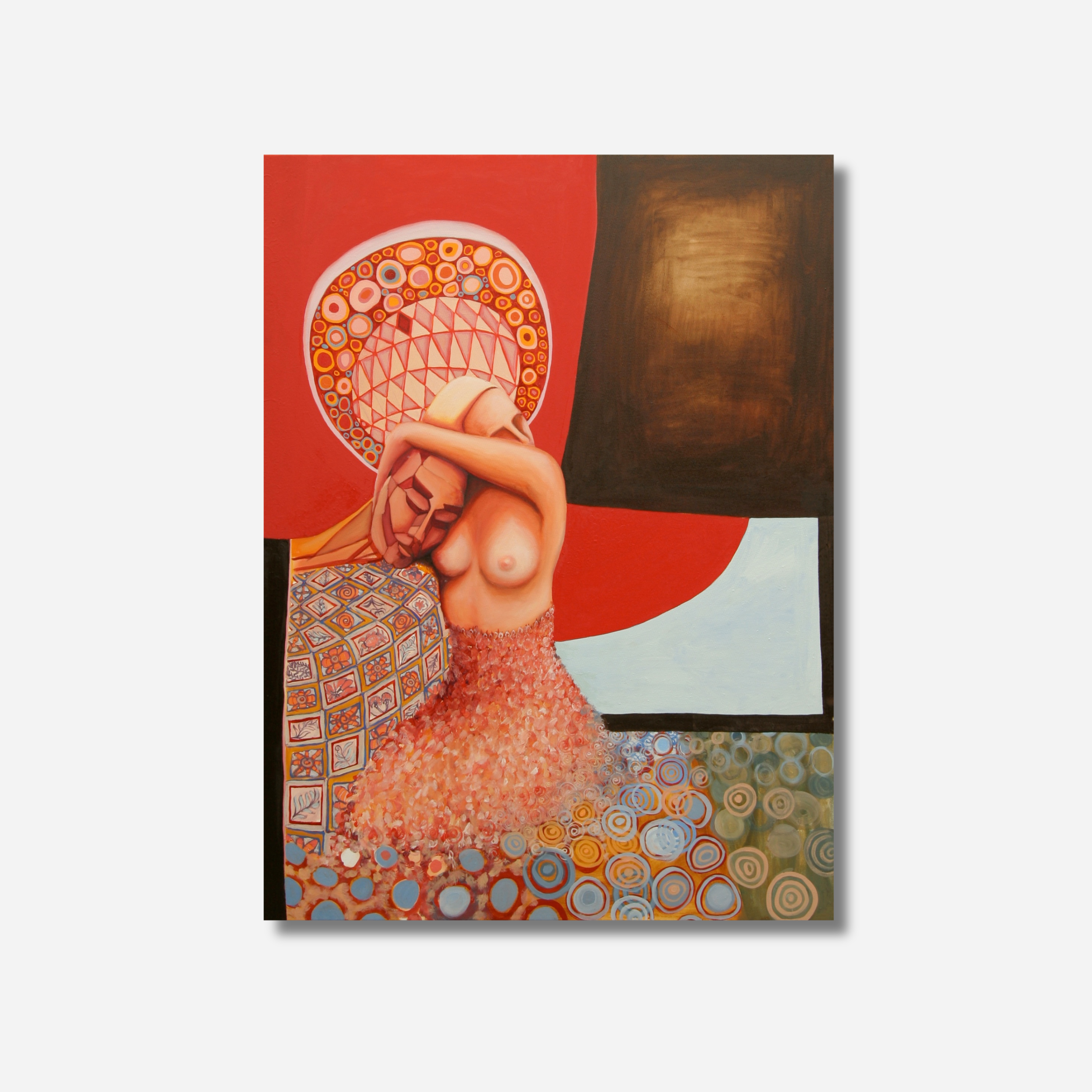 Figurative Painting of male and female - The lovers Klimt style art in Red and brown warm palette, Art Series by Australian Artist Michelle Macnamara - Oil on canvas