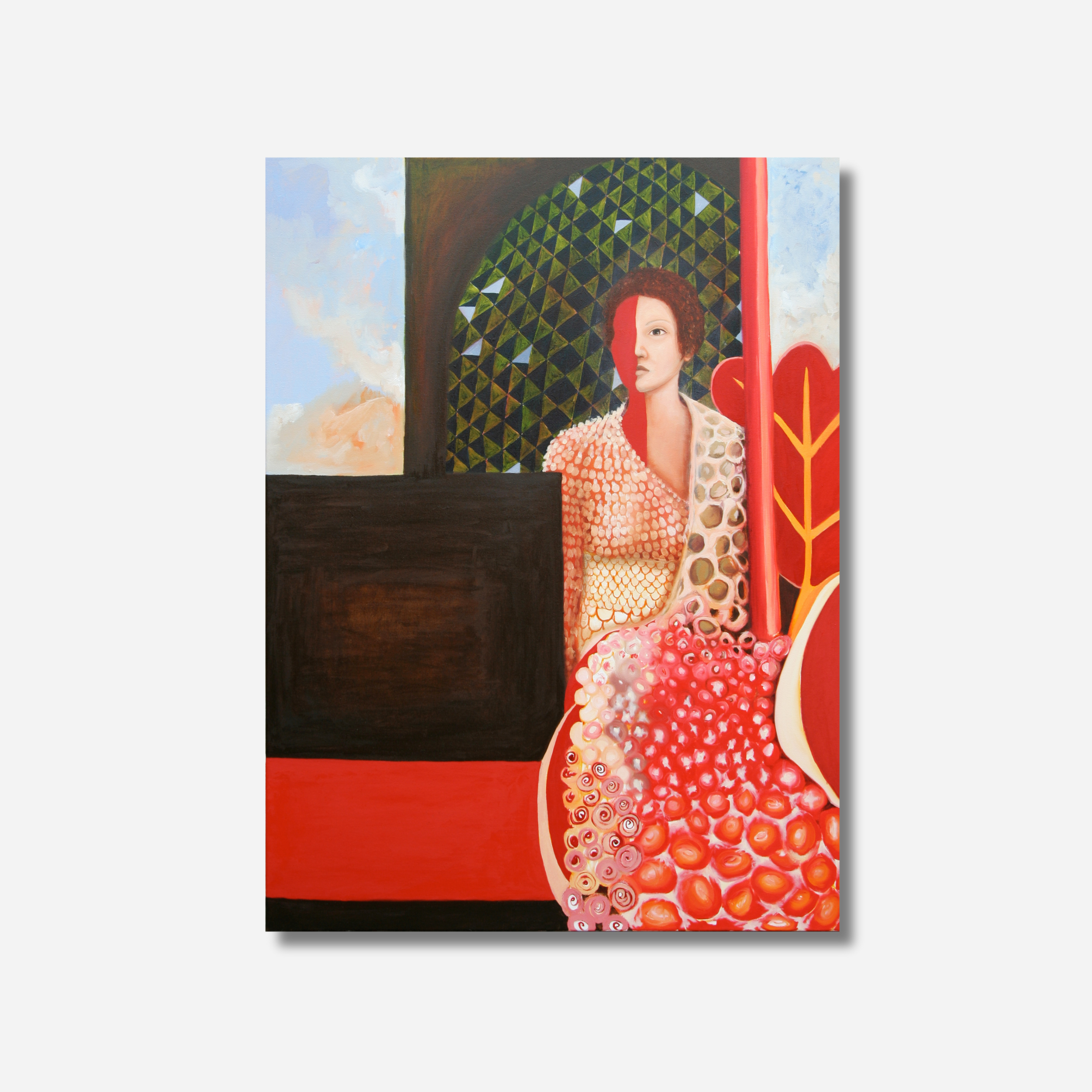 A Figurative oil Painting of renaissance female with tree by Michelle Macnamara - sky in background, red and brown warm palette