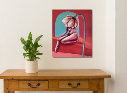 An oil painting on linen, depicting a nude figure with a large flower-like growth on the back, with a red and blue abstract background. white wall, table and plant