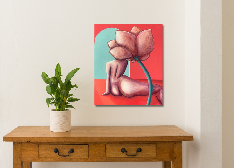 An oil painting on linen, depicting a nude figure with a large flower-like growth on the back, with a red and blue abstract background. against white wall with plant and tabel