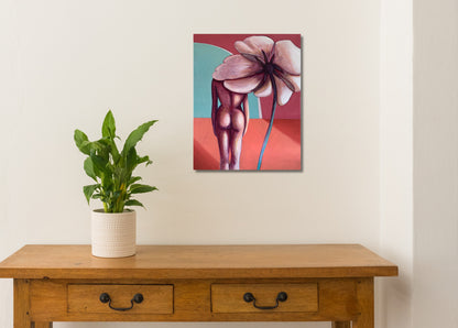 This image features the third piece in the "Flowerhead" series, an oil painting on linen by Michelle Macnamara. The artwork portrays a blend of human form and floral elements, presenting a unique and artistic perspective.