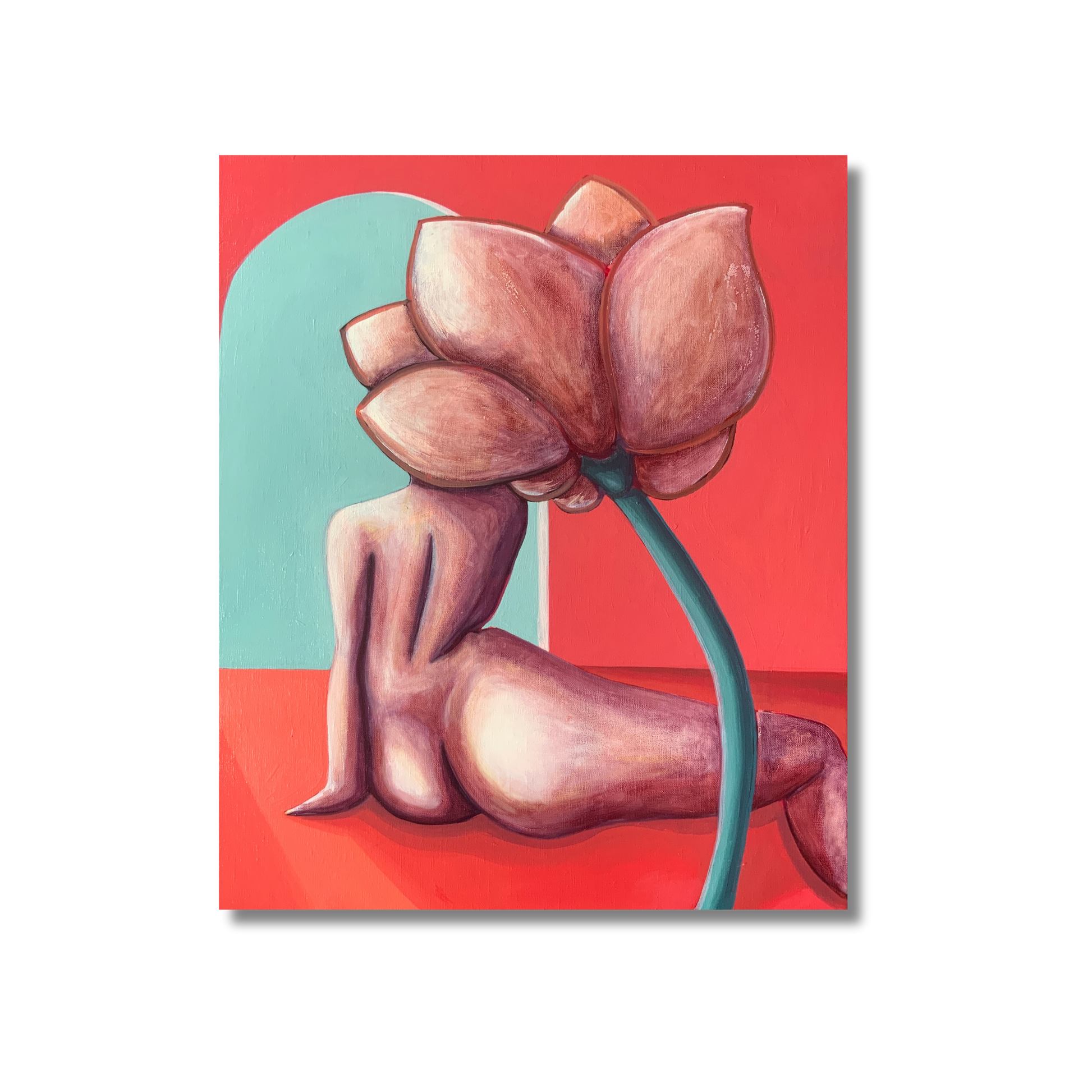 An oil painting on linen, depicting a nude figure with a large flower-like growth on the back, with a red and blue abstract background.