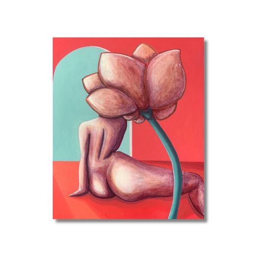 An oil painting on linen, depicting a nude figure with a large flower-like growth on the back, with a red and blue abstract background.