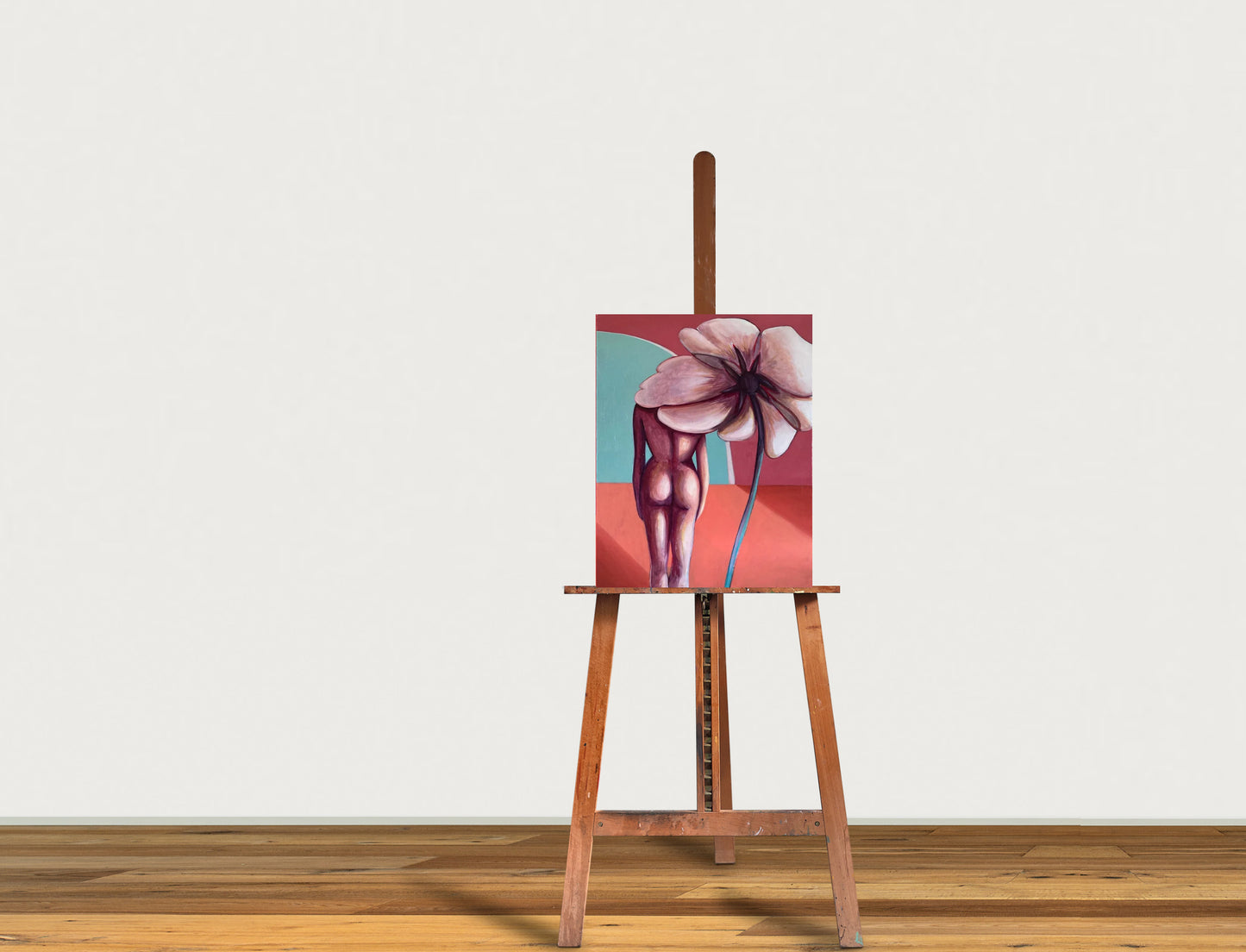 This image features the third piece in the "Flowerhead" series, an oil painting on linen by Michelle Macnamara. The artwork portrays a blend of human form and floral elements, presenting a unique and artistic perspective.