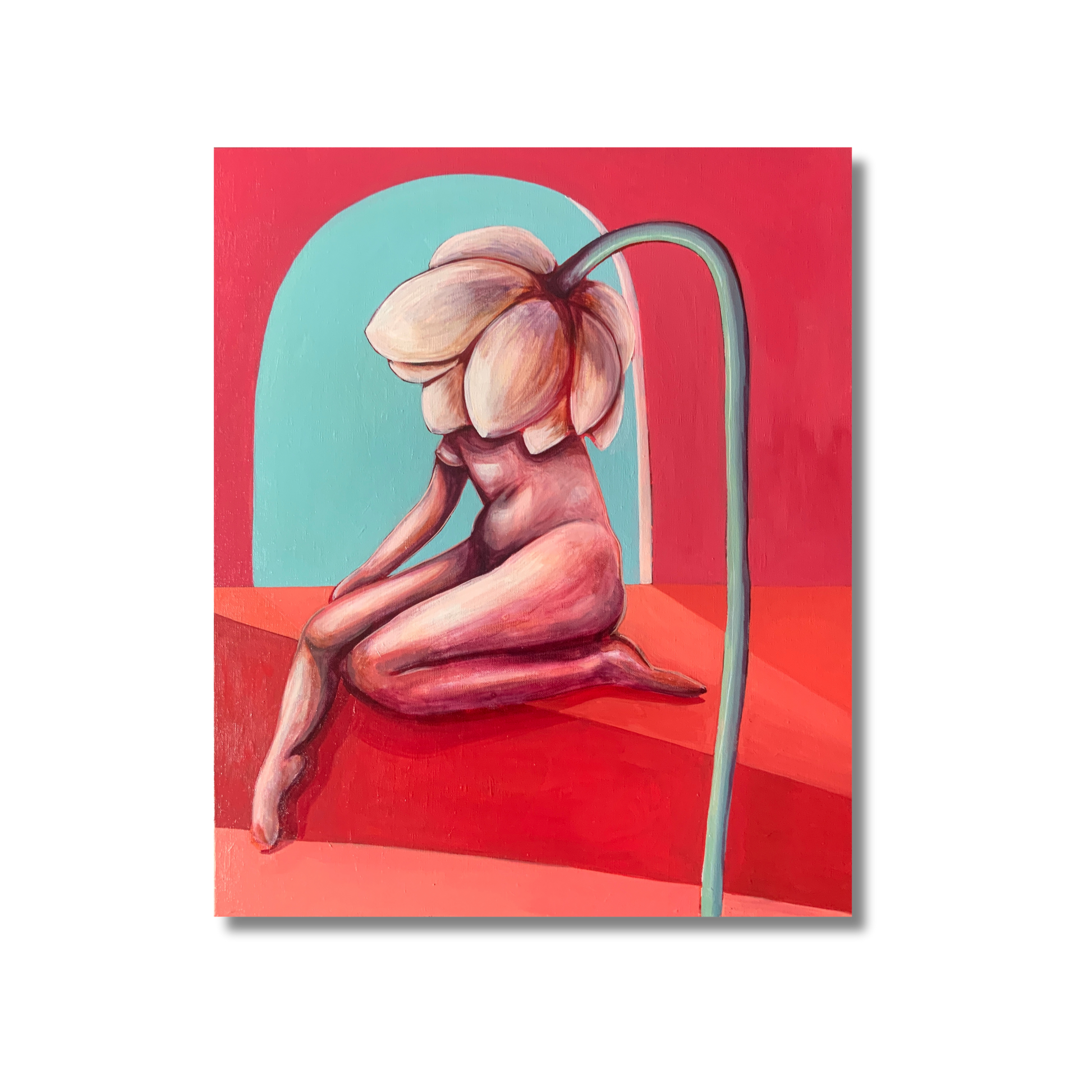 An oil painting on linen, depicting a stylized female figure with a large white flower for a head, sitting against a vibrant red and blue background.