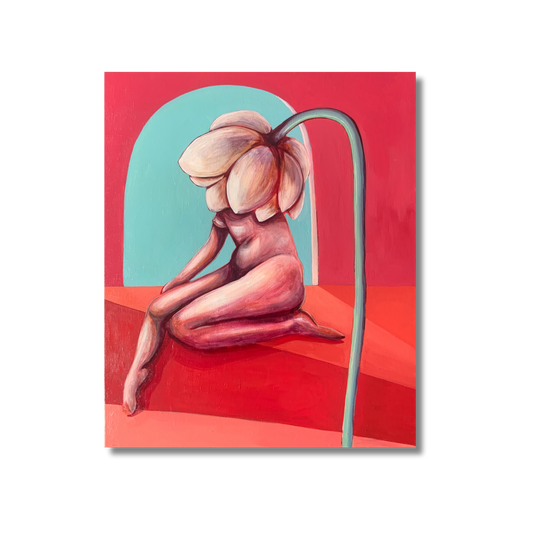 An oil painting on linen, depicting a stylized female figure with a large white flower for a head, sitting against a vibrant red and blue background.