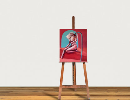 An oil painting on linen, depicting a nude figure with a large flower-like growth on the back, with a red and blue abstract background against white wall with easel