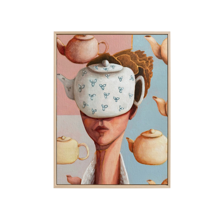 A square art print featuring a surreal illustration of a woman with a white patterned teapot for a blindfold, surrounded by floating teapots on a pastel pink, beige, and light blue background.