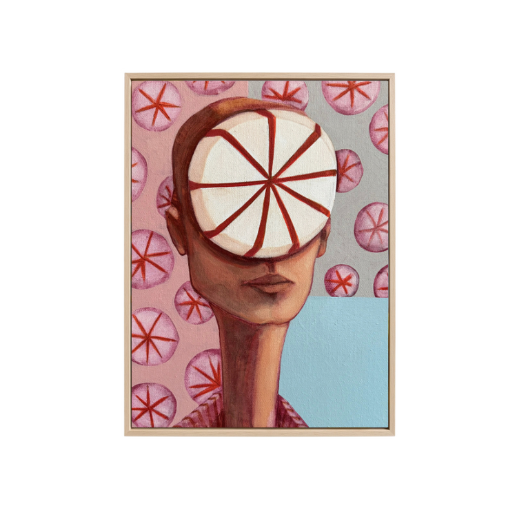 A vertical art print or poster featuring a stylised portrait of a woman with a circular red-and-white boiled lolly covering her eyes, set against a pink background with repeating circular motifs. The print is shown centered on a plain white background with a subtle drop shadow.