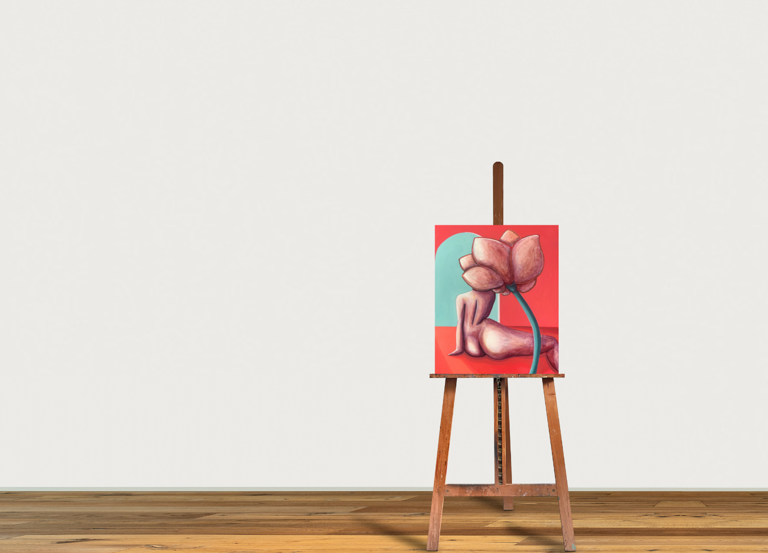 An oil painting on linen, depicting a nude figure with a large flower-like growth on the back, with a red and blue abstract background on easel with white background
