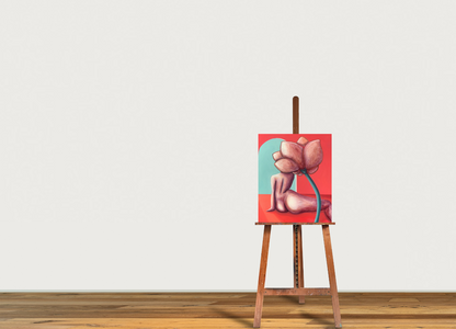 An oil painting on linen, depicting a nude figure with a large flower-like growth on the back, with a red and blue abstract background on easel with white background
