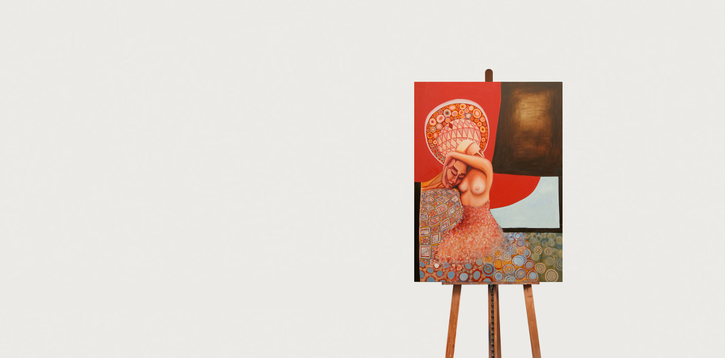 Artistic depiction of a woman with a red headscarf on an easel against a white background