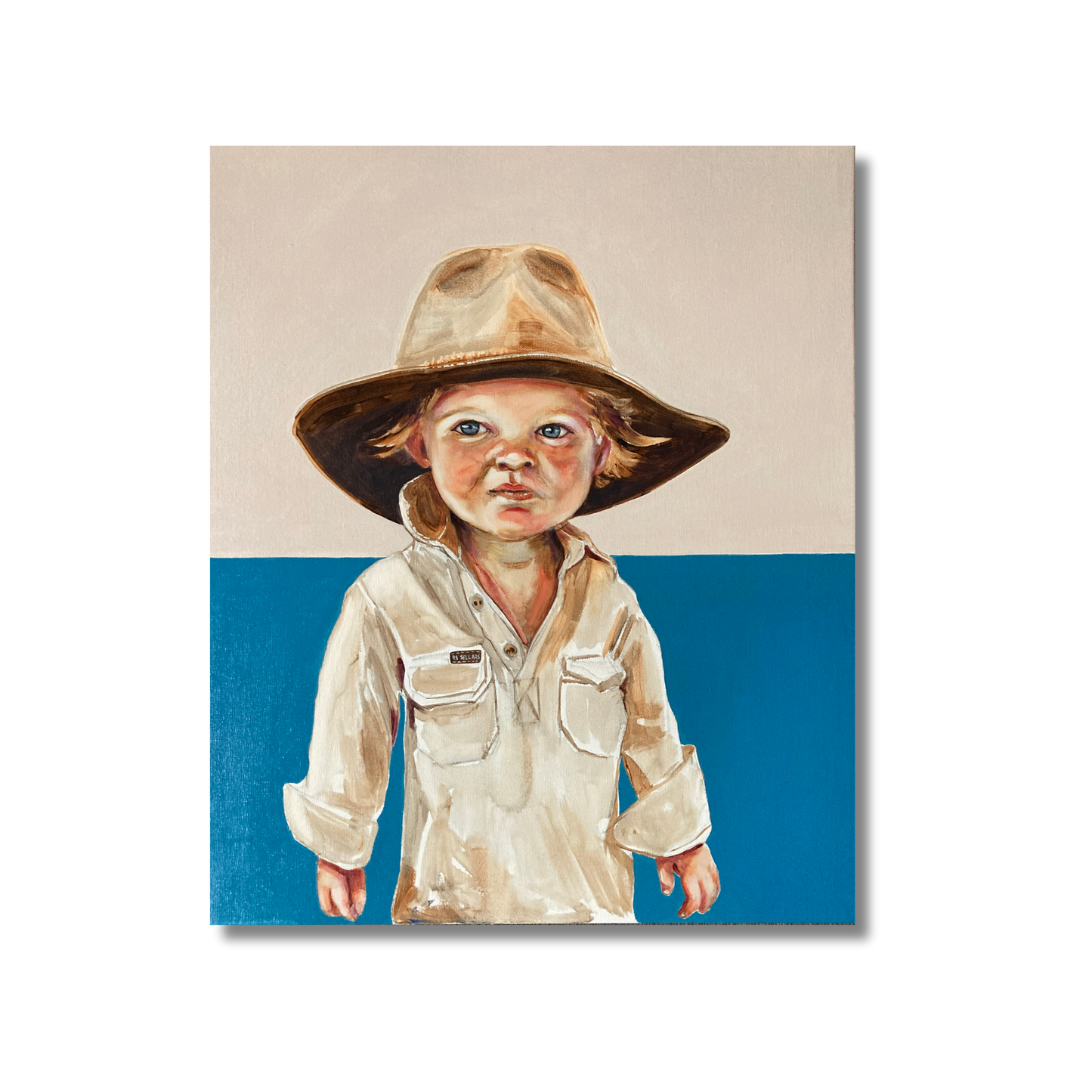 A hand-painted portrait of a child wearing a hat, set against a plain background