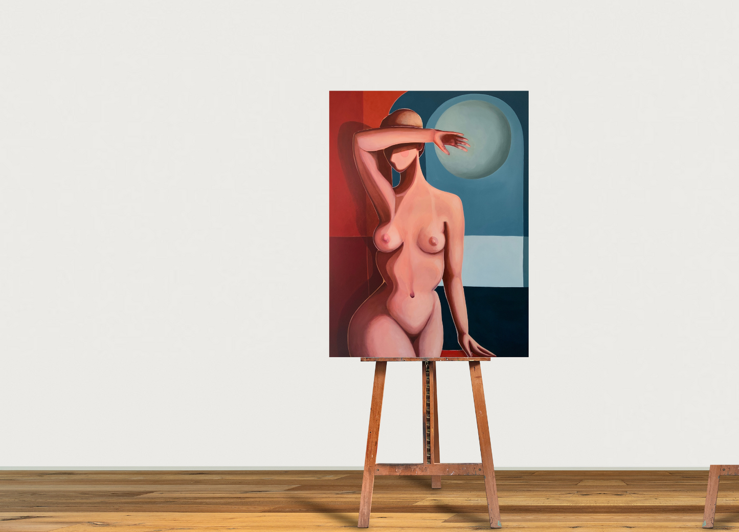 painting by Australian artist Michelle Macnamara. The artwork depicts a dreamlike and contemplative scene, showcasing a nude female figure seated in a relaxed pose hanging on a white wall with plants and a side table