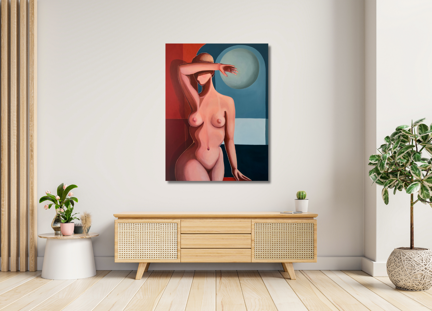 painting by Australian artist Michelle Macnamara. The artwork depicts a dreamlike and contemplative scene, showcasing a nude female figure seated in a relaxed pose hanging on a white wall with plants and a side table