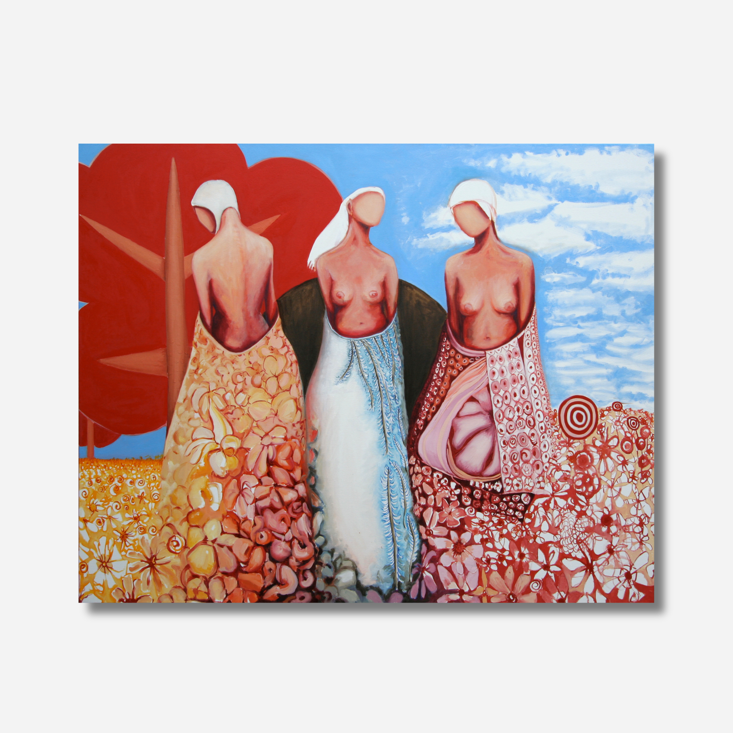 A Figurative oil Painting of three females figures wrapped with flower blankets by Michelle Macnamara - sky in background, red tree and warm palette and intricate patterns