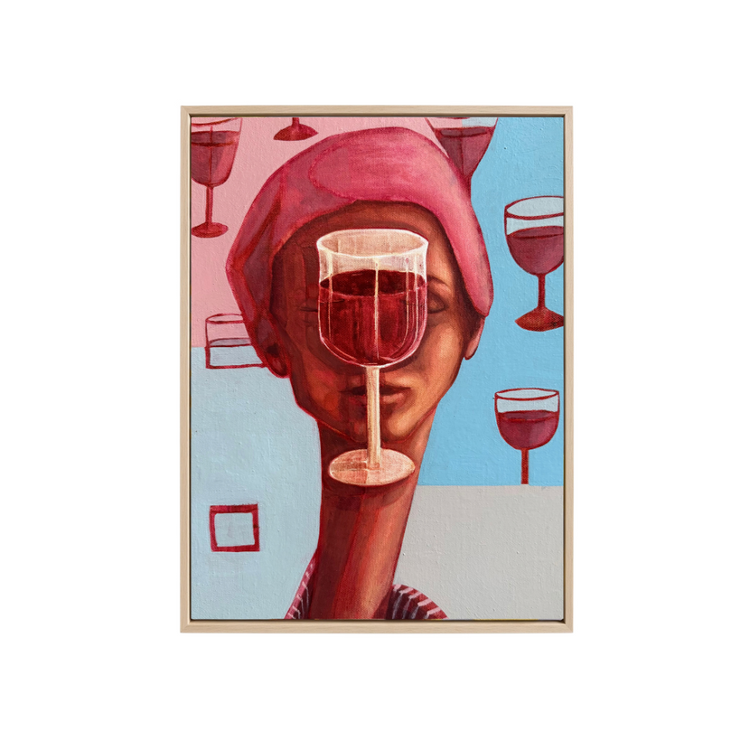 A vertical art print or poster featuring a stylized portrait of a woman in a pink beret holding a wine glass, with floating wine glasses and abstract shapes on a split pink and light blue background, shown against a white backdrop.