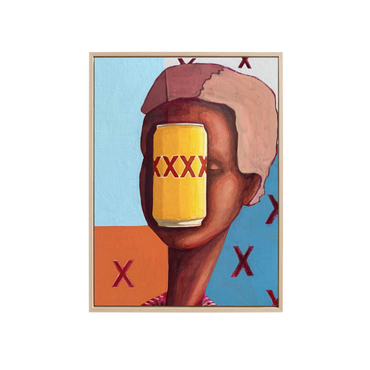 A square art print or poster featuring an abstract portrait of a person with a yellow cup over their eyes, set against a light blue and orange background with red 'X' marks, shown on a plain white background.