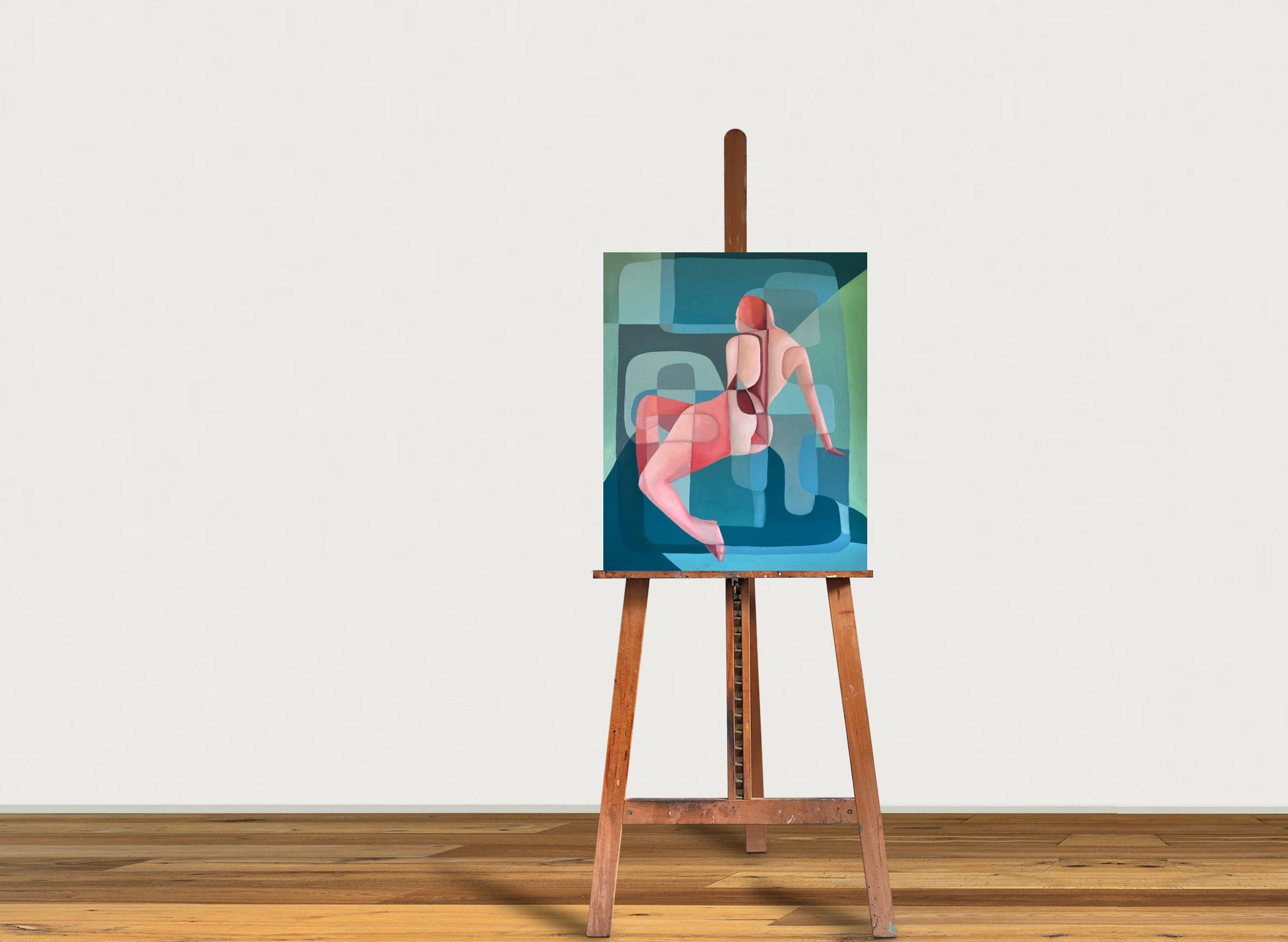 An abstract oil painting on linen, depicting a figure in a red and white pose against a blue and green background by Australian Artist Michelle Macnamara, sitting on an easel next to white background