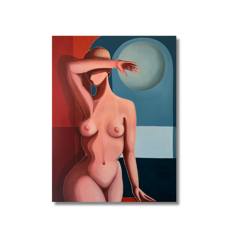 This image features "The Light," an oil on linen painting by Australian artist Michelle Macnamara, created at the start of 2024. The artwork depicts a dreamlike, contemplative scene with a nude female figure positioned against a backdrop of bold colors and an abstract moon motif.