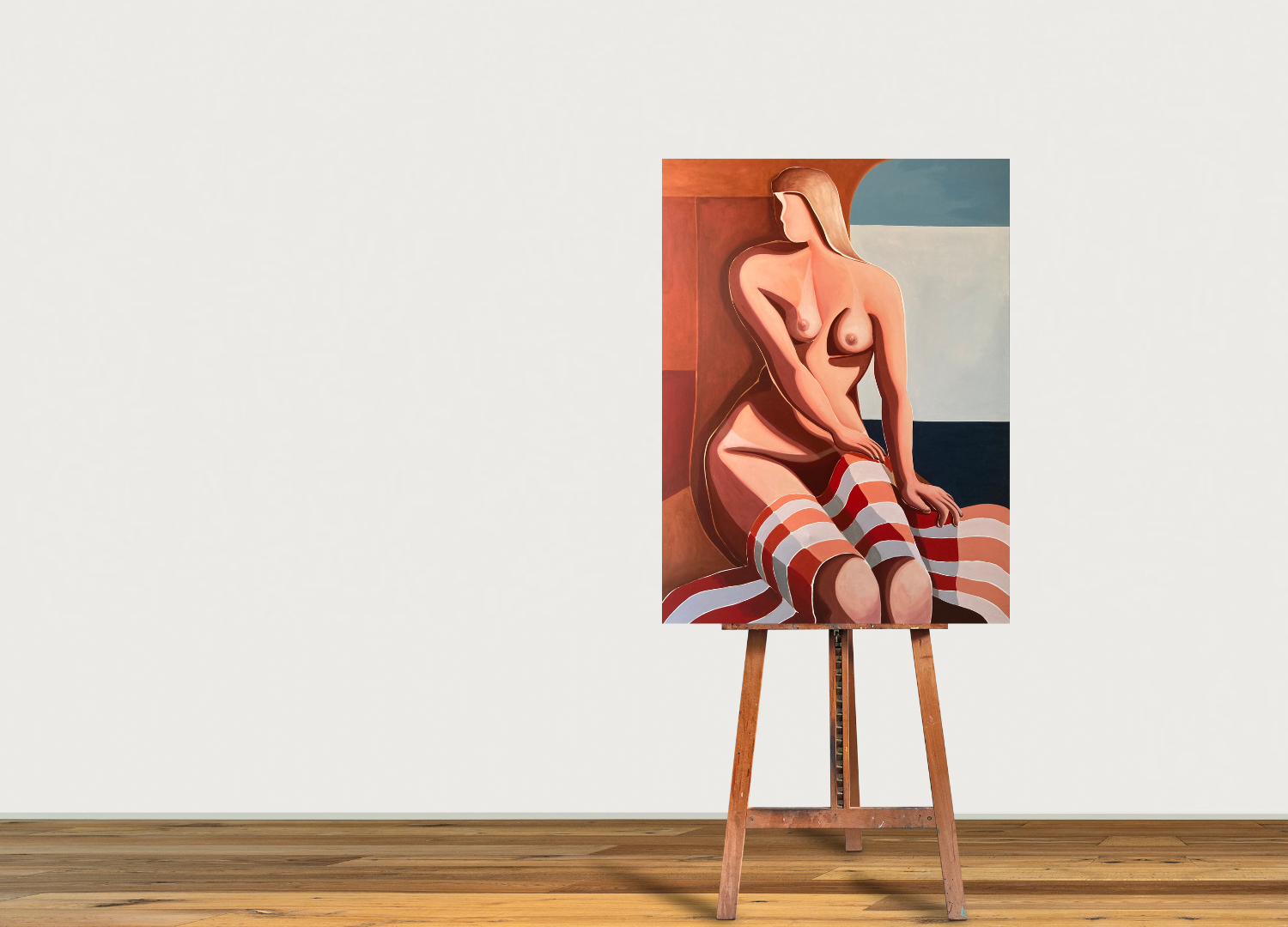 painting by Australian artist Michelle Macnamara. The artwork depicts a dreamlike and contemplative scene, showcasing a nude female figure seated in a relaxed pose on a white wall with easel