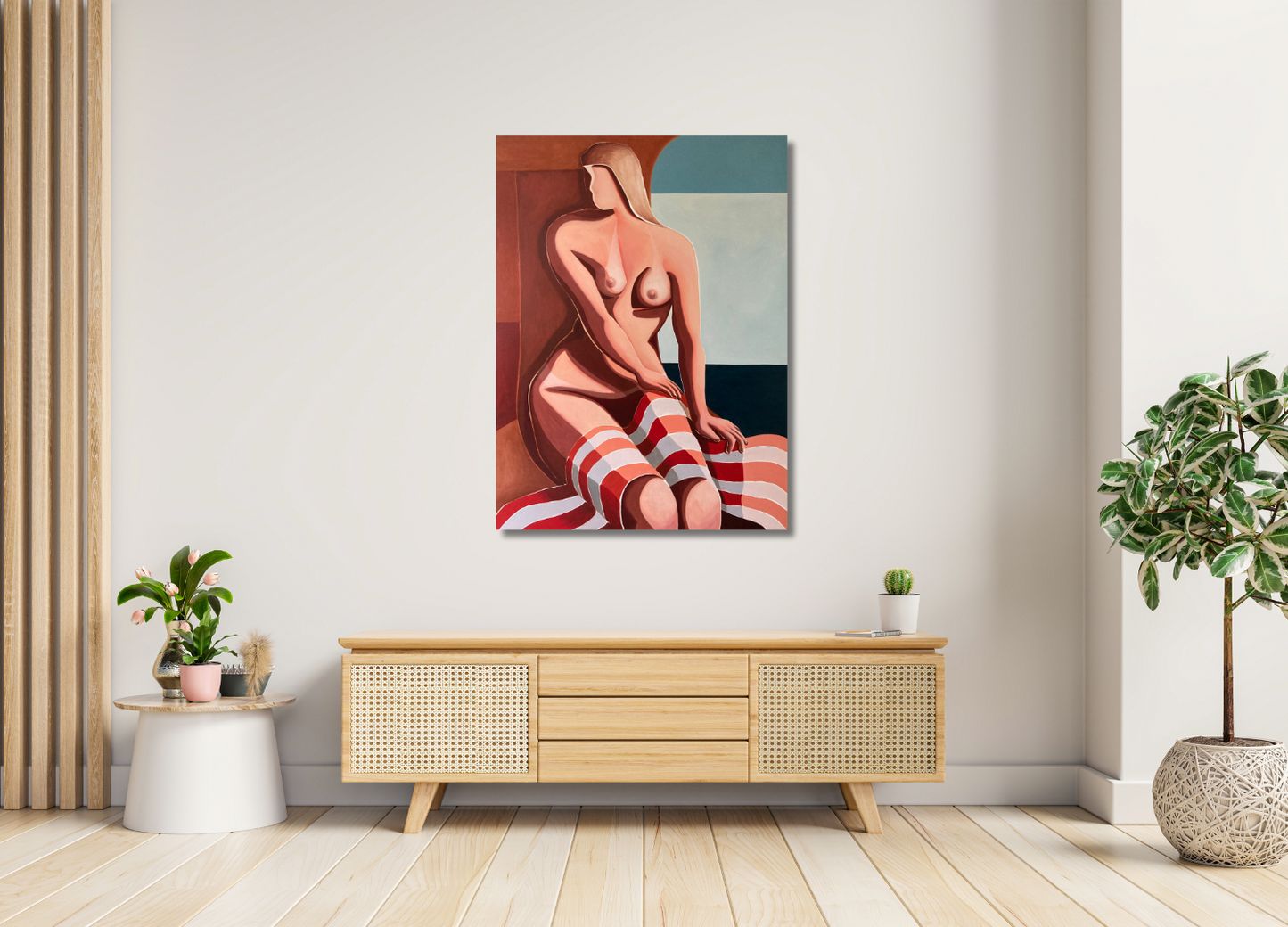painting by Australian artist Michelle Macnamara. The artwork depicts a dreamlike and contemplative scene, showcasing a nude female figure seated in a relaxed pose hanging on a white wall with plants and a side table
