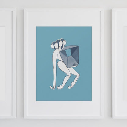 Figurative painting of a woman, holding a box in matisse blue by Michelle Macnamara surreal 