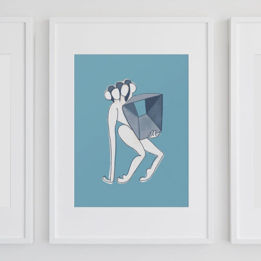 Figurative painting of a woman, holding a box in matisse blue by Michelle Macnamara surreal 