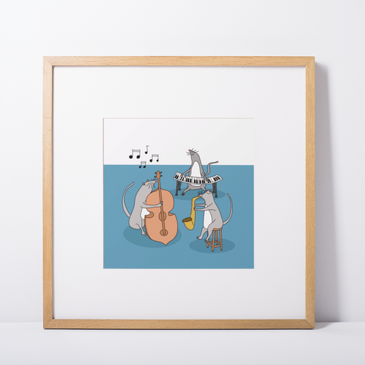 Mice playing jazz - a musical artwork for children - hang on their bedroom or nursery wall - by Australian Artist, Michelle Macnamara 