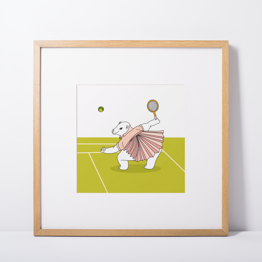 Polar Bear playing tennis - fun kids art for nursery or bedroom - buy art poster print - Australian artist, hand drawn