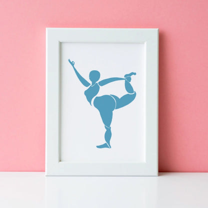 Figurative block print style painting of a woman in yoga pose, in matisse blue by Michelle Macnamara
