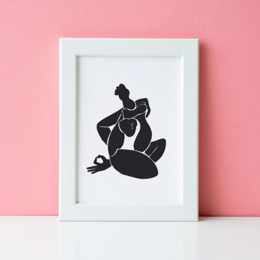 Figurative block print style painting of a woman in yoga pose, in matisse blackby Michelle Macnamara