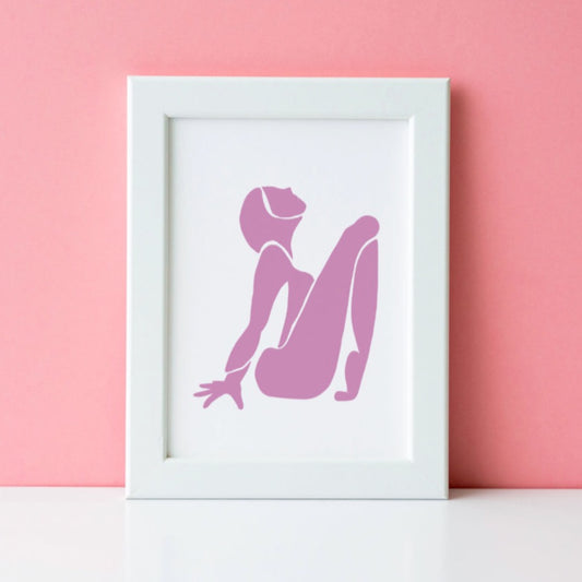 Figurative block print style painting of a woman in yoga pose, in matisse pink by Michelle Macnamara