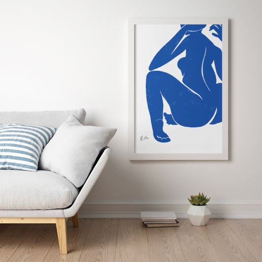 Figurative painting of a woman stretching, in matisse blue by Michelle Macnamara